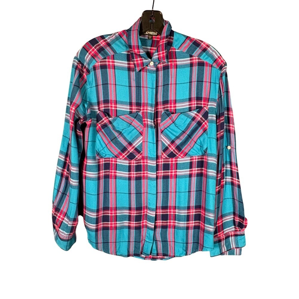 Express Plaid Button Down Shirt Turquoise Pink Rayon Womens XS